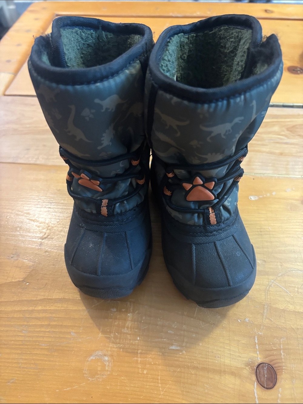 Kids Black and Dark Green dinosaur Winter Boots with Orange Accents